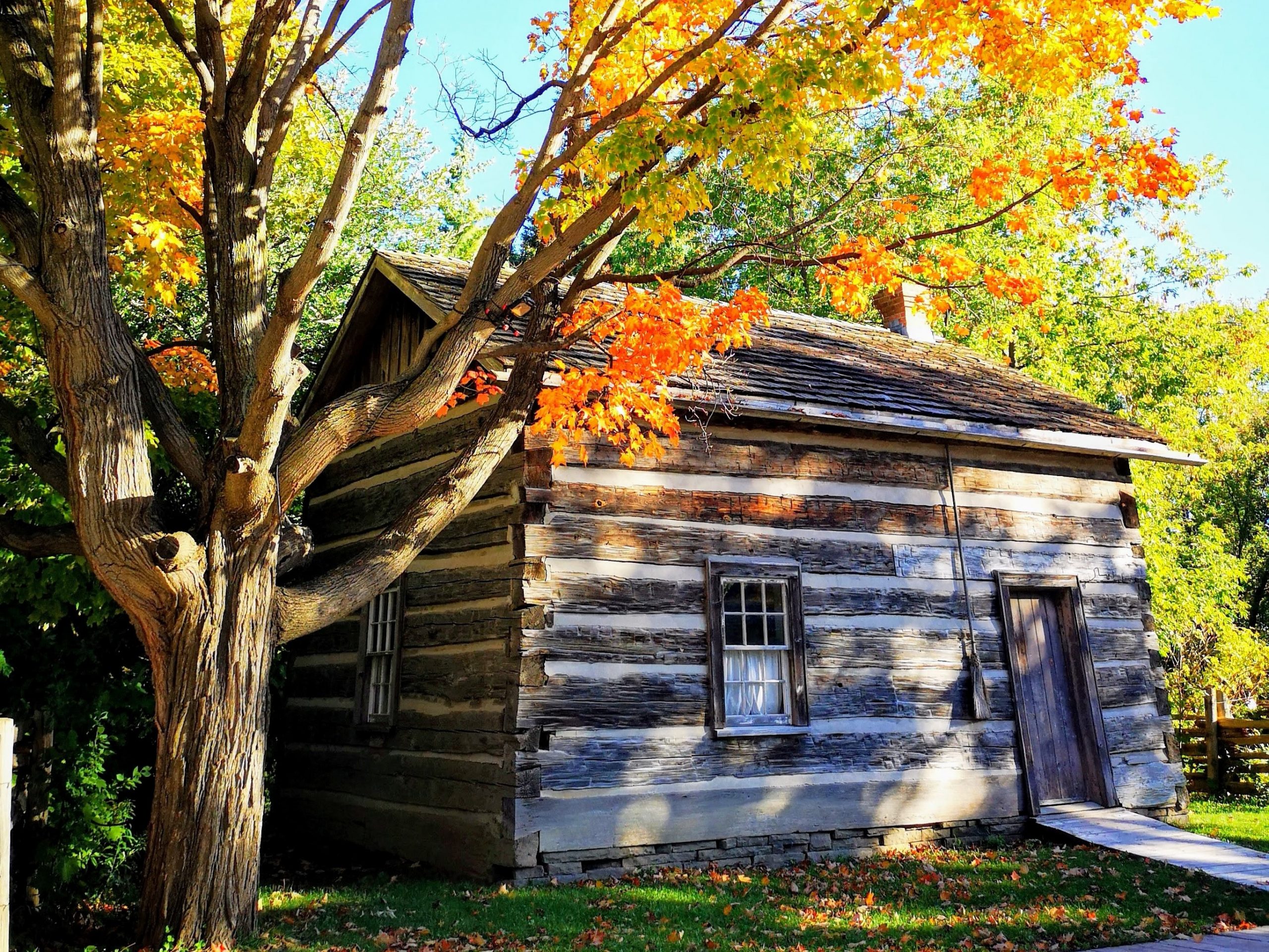 A log cabin during autumn