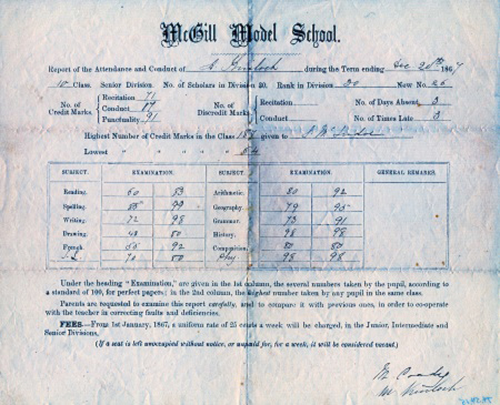 student report card from 1867