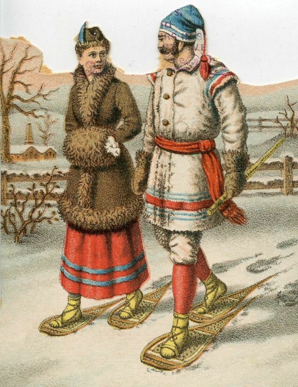 19th century illustration of couple walking in snow shoes