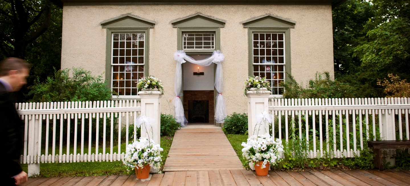 historic building at Black Creek Pioneer Village decorated for a wedding